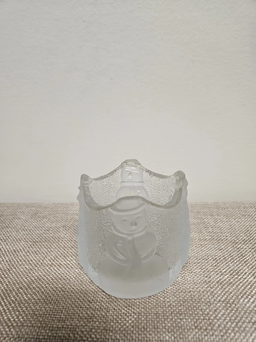 Vintage Nybro Sweden Snowman Glass Votive Candle Holder Frosted White 1980s